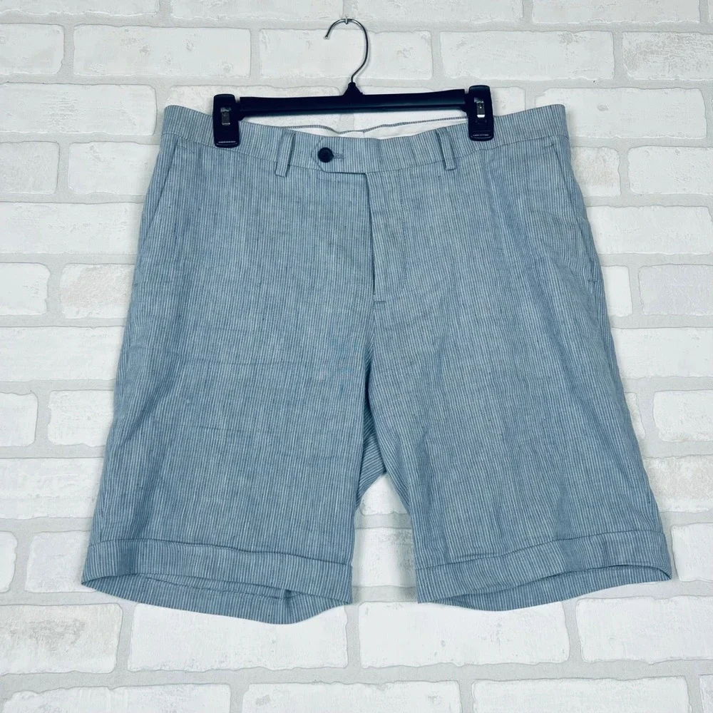Express Mens Blue White Striped Seersucker Cuffed Shorts Size 32